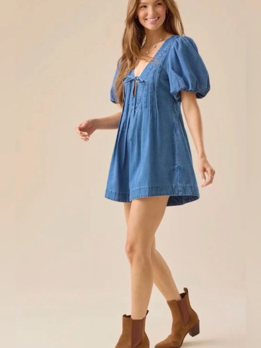 Altar'd State Medium Wash Denim Romper with Puff Sleeves - Blue - Picture 3 of 6